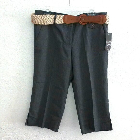 Tracy Evans, gray Capri pants, with woven belt, zipper in front - Picture 1 of 9